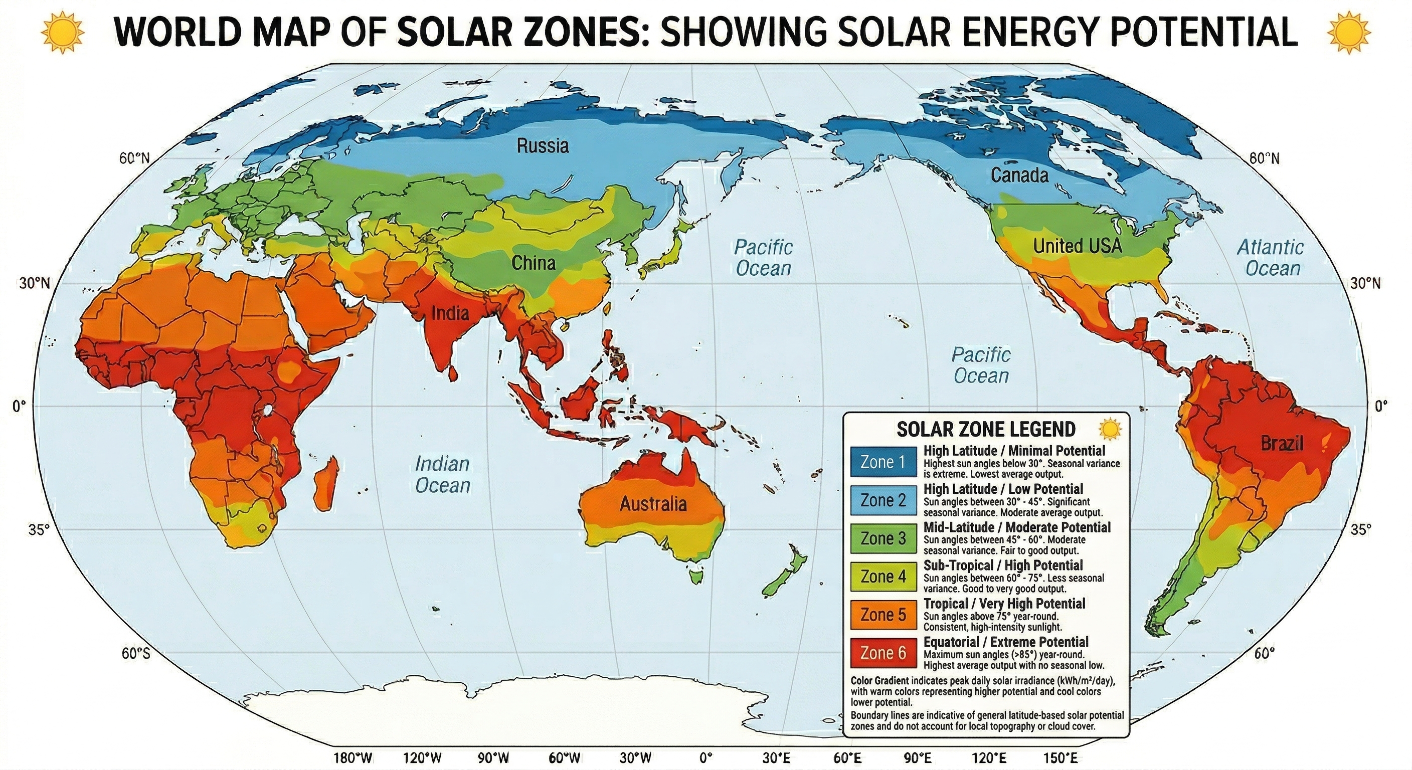 World Map of Solar Zones showing solar energy potential by region — Zone 1 (High Latitude, Minimal) through Zone 6 (Equatorial, Extreme)